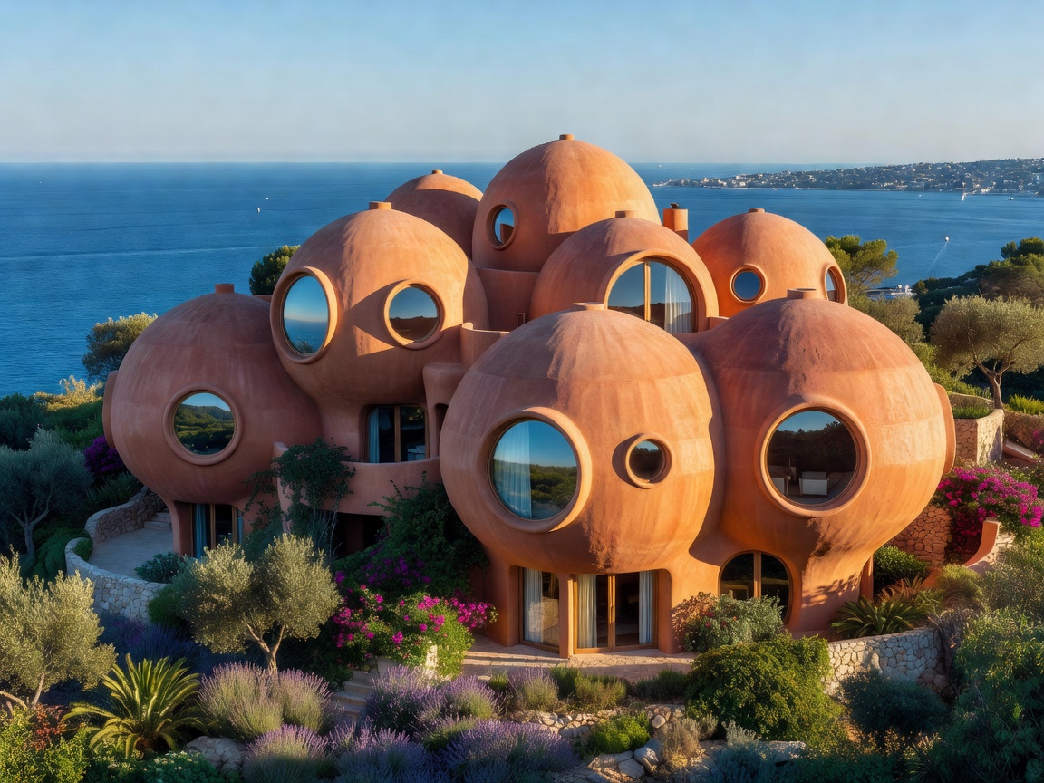 Terracotta sphere bubble palace overlooking the coastline