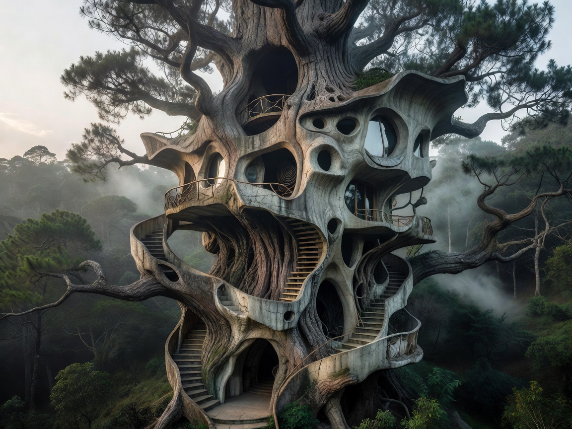 Sculpted tree-shaped bizarre concrete guesthouse structure