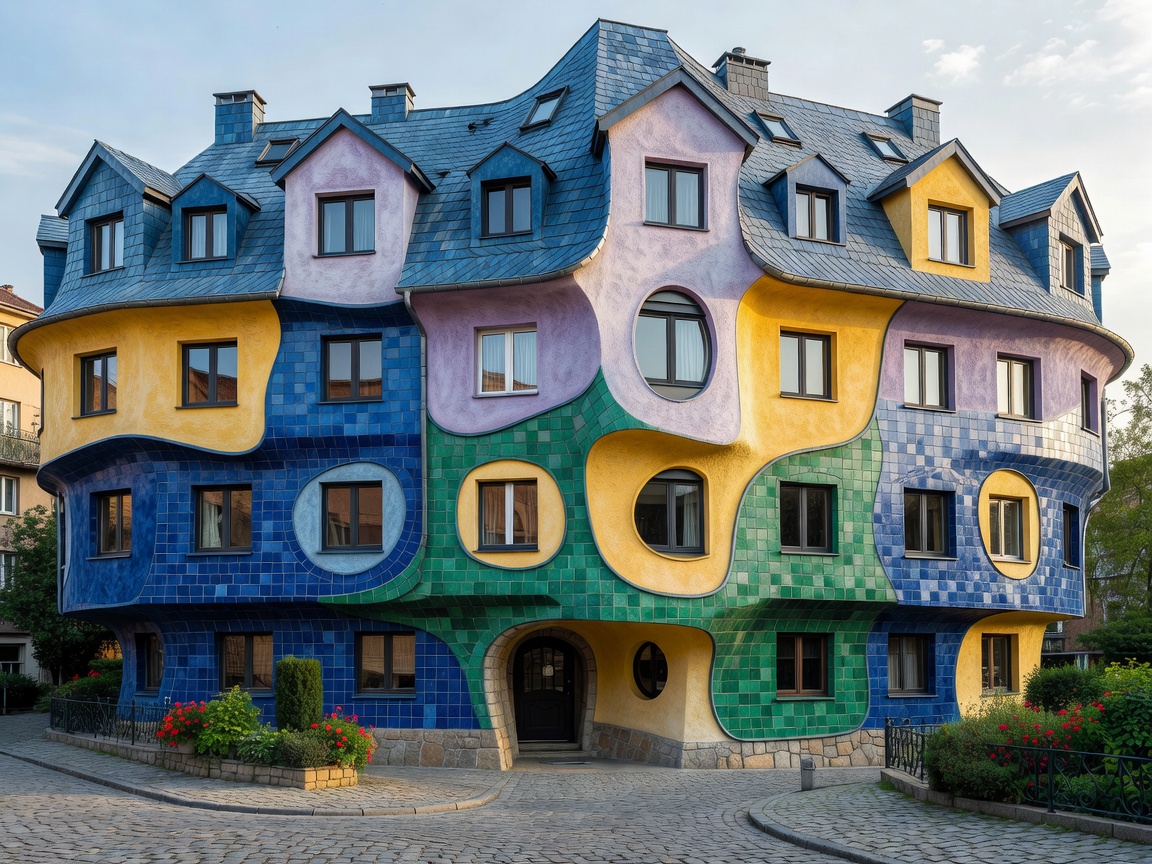 Distorted whimsical building façade representing the Crooked House