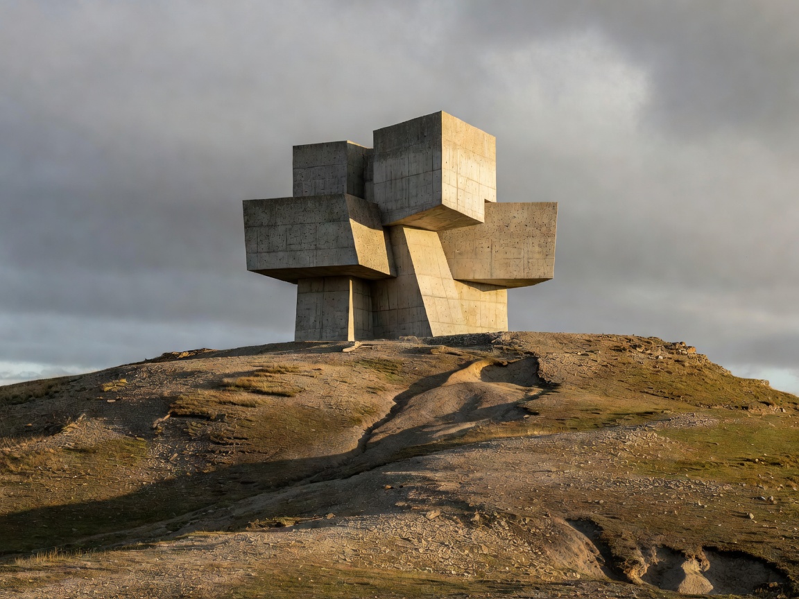 Sculptural brutalist concrete monument standing on a ridge